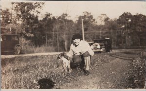 RPPC Postcard Woman Posing With Dog + Antique Cars 1931