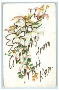 c1910's Greetings From Pratt Kansas KS, Flowers Glitter Antique Postcard