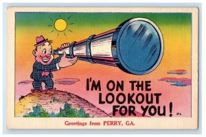 c1910's Greetings From Perry Georgia GA, Boy Telescope Sun Antique Postcard 