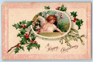 c1910's Christmas Angel And Holly Berries Embossed Clapsaddle Antique Postcard