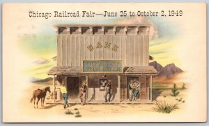 Vtg Illinois IL Chicago Railroad Fair 1949 Gold Gulch Bank Station Postcard