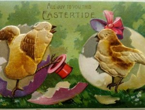 Easter Postcard 3-D Raised Image Fabric Fantasy Chicks On With Top Hat Germany