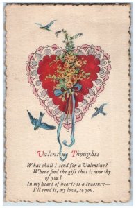 c1910's Valentine Thoughts Heart Flowers And Birds Posted Antique Postcard