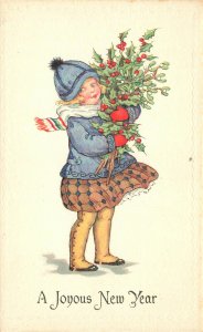 A Joyous New Year Pretty Girl with Holly Postcard