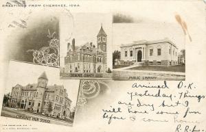 c.1906 Multiview Postcard Cherokee IA Courthouse Library High School