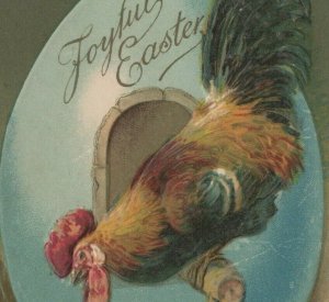 c1900s Joyful Easter rooster on perch inside egg chicks coop embossed C610 