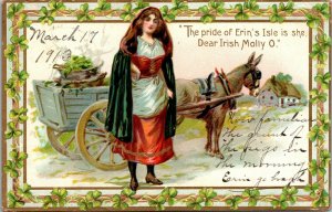 TUCK Postcard St Patrick's Day - Erin's Isle - WOMAN WAGON DONKEY - VINTAGE - PC