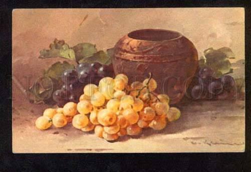 051753 Yellow GRAPES & Vase by C. KLEIN vintage PC