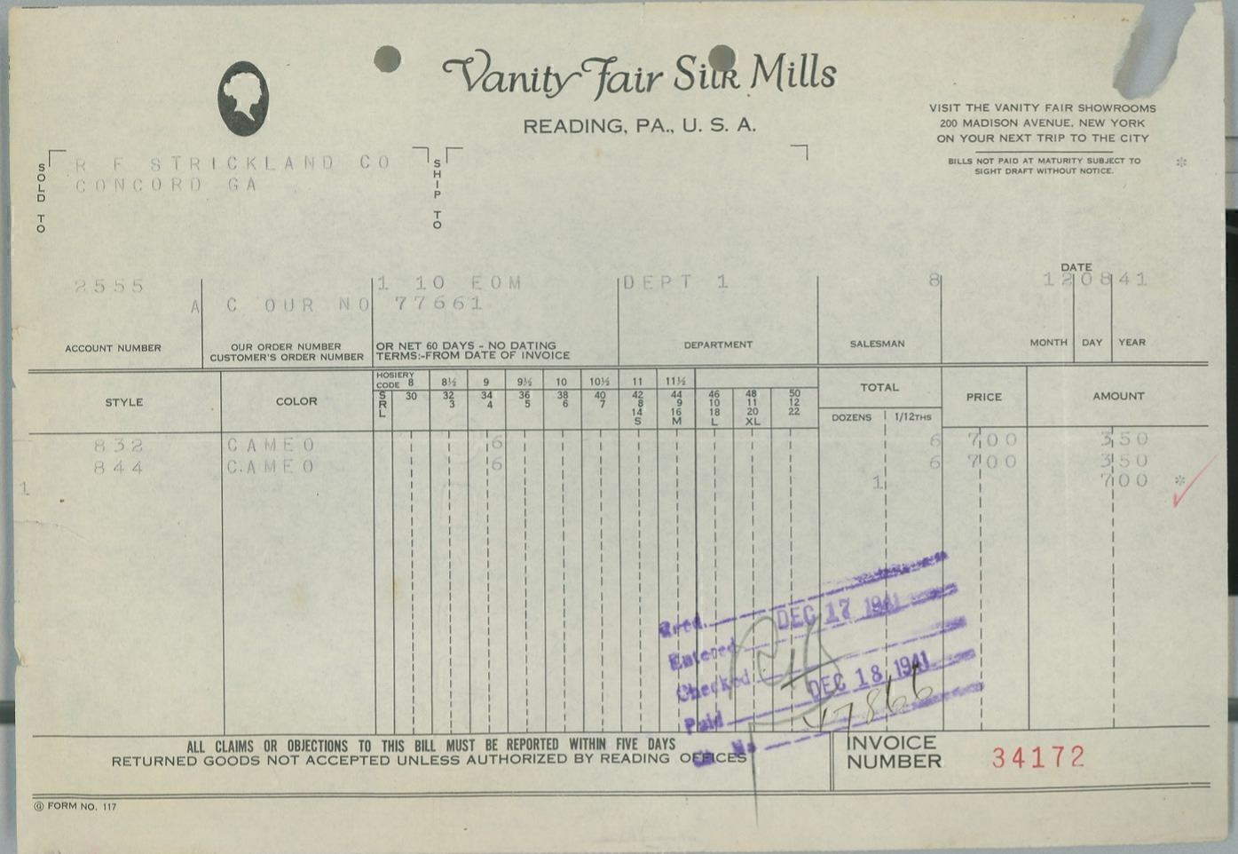 1941 Vanity Fair Silk Mills Reading PA Invoice R.F. Strickland Co