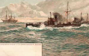 German Navy WWI Postcard c.1910s SMS Blucher Torpedo Boat  - Raoul Frank Art