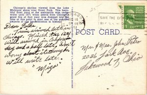 Skyline Chicago Grant Park IL Illinois Linen Postcard PM Cancel WOB Note VTG 