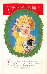 YOUNG GIRL WITH CANDY CANES~CUTE DOG WITH BONE~MERRY CHRISTMAS POSTCARD c1910s