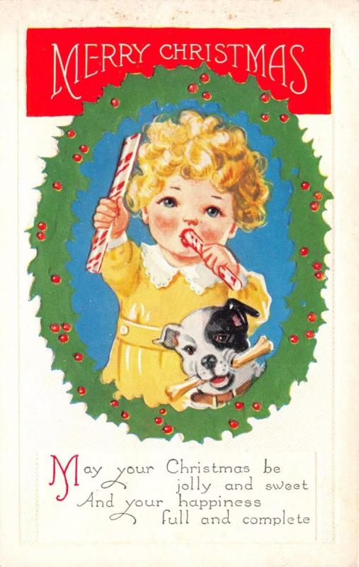 YOUNG GIRL WITH CANDY CANES~CUTE DOG WITH BONE~MERRY CHRISTMAS POSTCARD c1910s