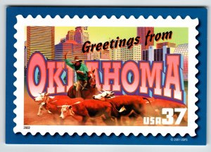 Greetings From Oklahoma Large Letter Chrome Postcard USPS 2001 Cattle Bull Horse