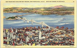 1930s SAN FRANCISCO CALIFORNIA OAKLAND BAY BRIDGE EAST BAY LINEN POSTCARD 42-220