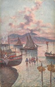 NAPOLI Vesuvio tramonto con barche peschereccie G. Carelli artist fishing boats