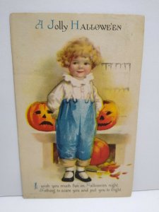 Jolly Halloween Postcard Ellen Clapsaddle Wolf No 1 Child Pumpkins 1920 Vintage