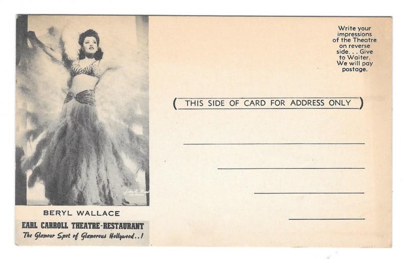 CA Hollywood Earl Carroll Theatre Restaurant Beryl Wallace Vintage Postcard