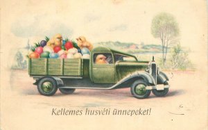 Postcard 1950s Hungary Easter chicks truck fantasy humor postage stamp 23-10301