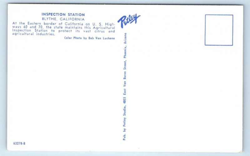 BLYTHE, CA ~ CALIFORNIA INSPECTION STATION ~   c1960s Cars Petley Postcard