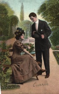 Vintage Postcard 1908 Gentleman Courting Beautiful Woman Wearing Dress & Hat Art