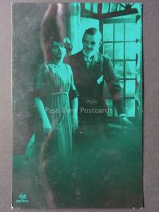 Romance: Young Couple by Window Print in Green, Old RP Postcard by E.A.S. 9870/2