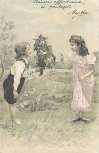 Lovely drawn children couple friendship greetings chromo litho 1900s postcard 