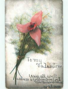 1907 handwritten VALENTINE MESSAGE ON FLOWER POSTCARD k9607