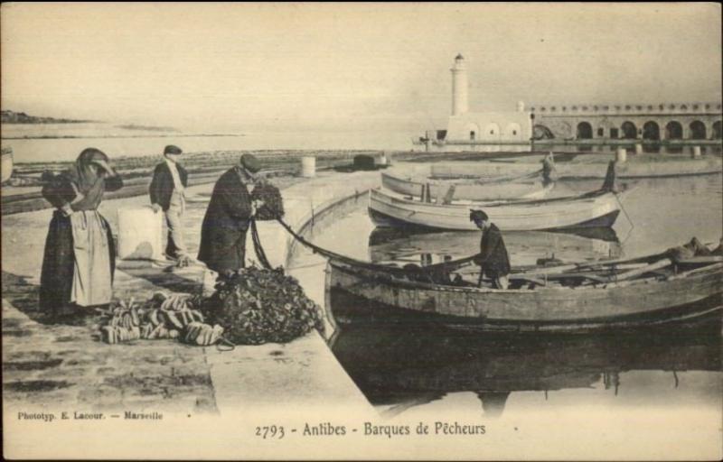 Antibes France Lighthouse & Fishermen c1910 Postcard