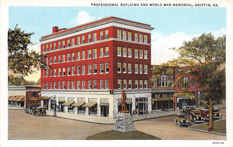 D76/ Griffin Georgia Ga Postcard Linen Professional Building World War Memorial