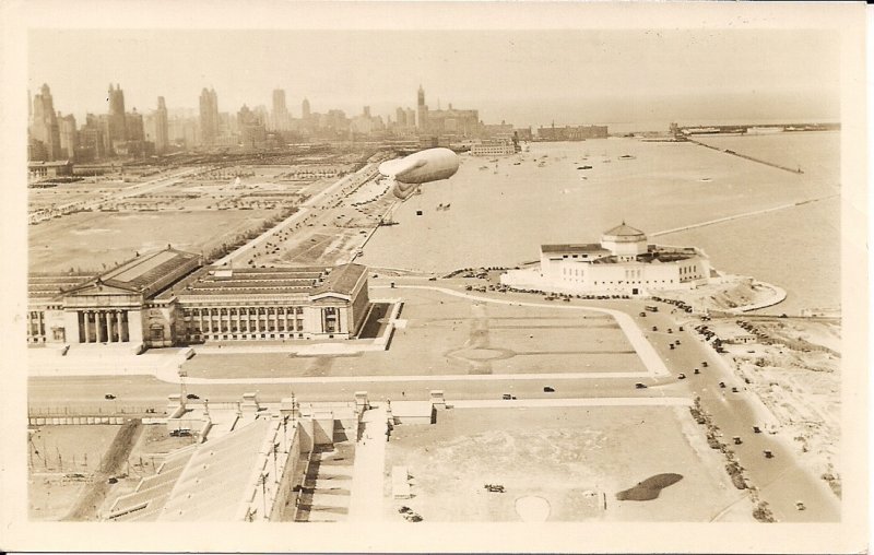 RPPC ZEPPELIN, AIRSHIP, BLIMP, Chicago, IL, 1950's, Museum, Shadow of Balloon