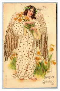 Vintage 1906 Easter Postcard Angel Gold Wings White Gold Robes Yellow Flowers