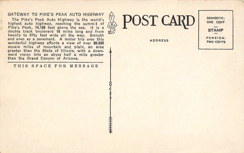 Gateway Pikes Peak Auto Highway Colorado 1920s postcard