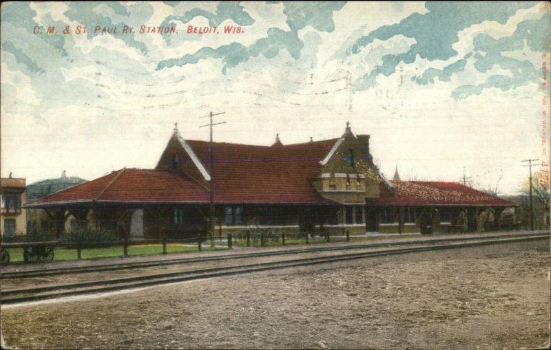 Beloit WI CM&St. Paul RR Train Station Depot c1910 Postcard