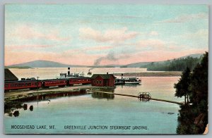 Postcard Moosehead Lake ME c1910s Greenvile Junction Steamboat Landing Train Car