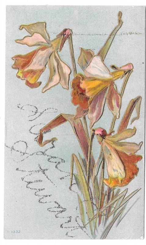 Glitter Name Sarah Stewart Embossed Daffodils Postcard