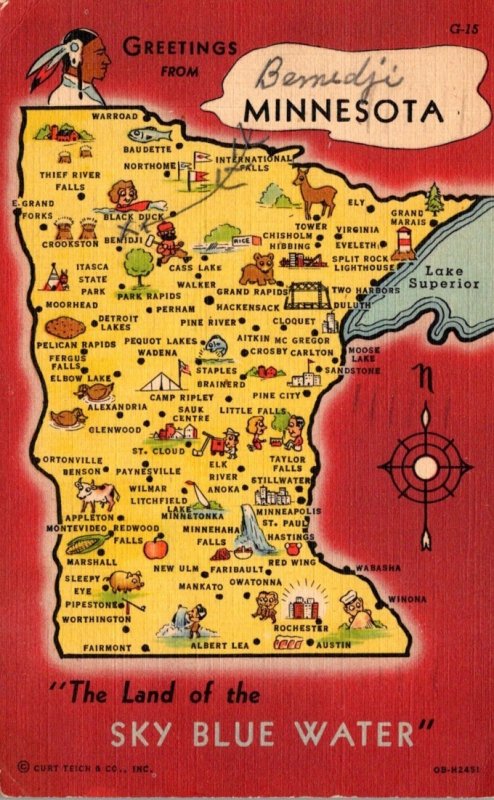 Minnesota Greetings With Map From The Land Of The Sky Blue Water 1949 Curteich