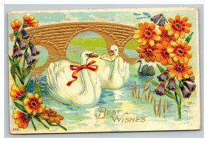 Vintage 1910 Best Wishes Postcard Cute Swans Love Note Gold Bridge Flowers