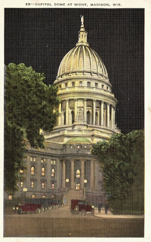 Vintage Postcard 1937 Capitol Dome At Night Madison Wisconsin Wis.