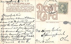 Richmond, VA Virginia  LIBBY PRISON Confederate~Civil War Officers 1920 Postcard