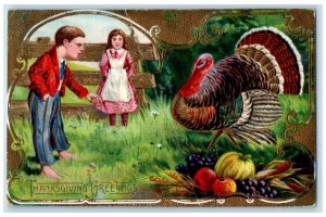 1911 Thanksgiving Greetings Children Turkey Fruits Gel Gold Gilt Posted Postcard