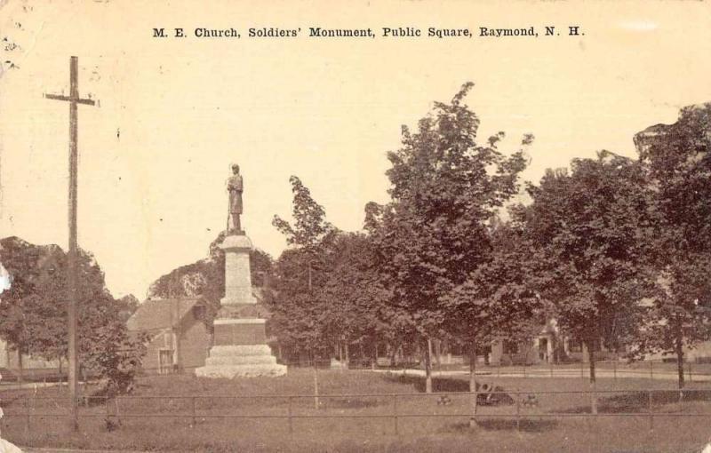 Raymond New Hampshire Soldier's Monument and ME Church Vintage Postcard JD933696