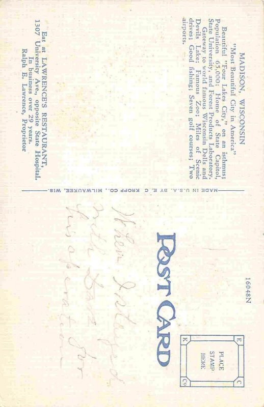 Lawrence Restaurant State Capitol Madison Wisconsin linen postcard
