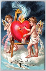 Valentine~Cupids w/Butterfly Wings Paint Flaming Heart Red On Easel~1910 Saxony