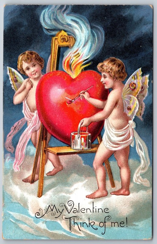 Valentine~Cupids w/Butterfly Wings Paint Flaming Heart Red On Easel~1910 Saxony