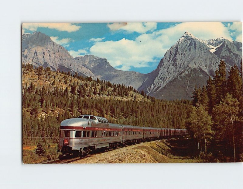 Postcard Streamliner, The Canadian, passing Mt. Vaux and Mt. Chancellor, Canada
