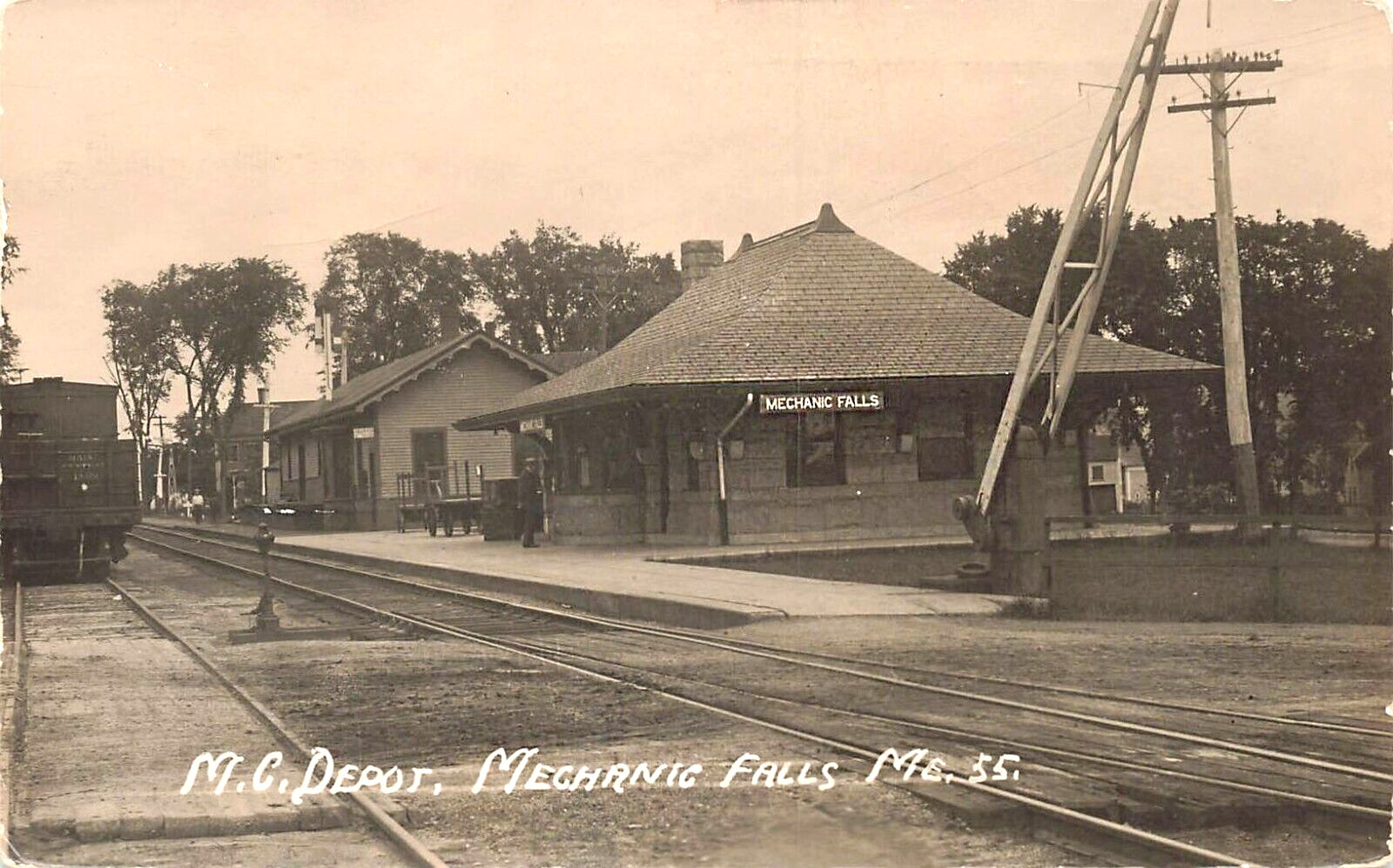 Mechanic Falls ME Railroad Station Train Depot, Real Photo Postcard