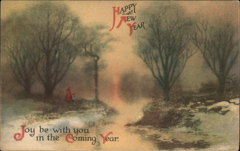 Clapsaddle New Year Wolf Pub Woman and Child on Creek Vintage Postcard