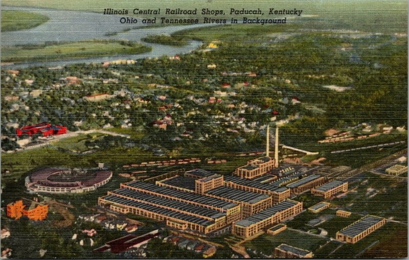 Postcard Illinois Central Train Railroad Shops Paducah Kentucky Linen