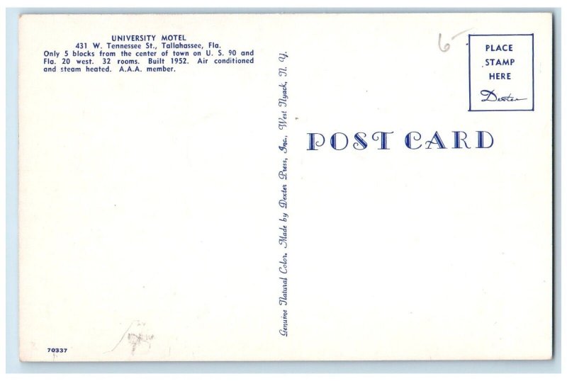 c1960 University Motel Hotel Center Town Tennessee Tallahassee Florida Postcard 